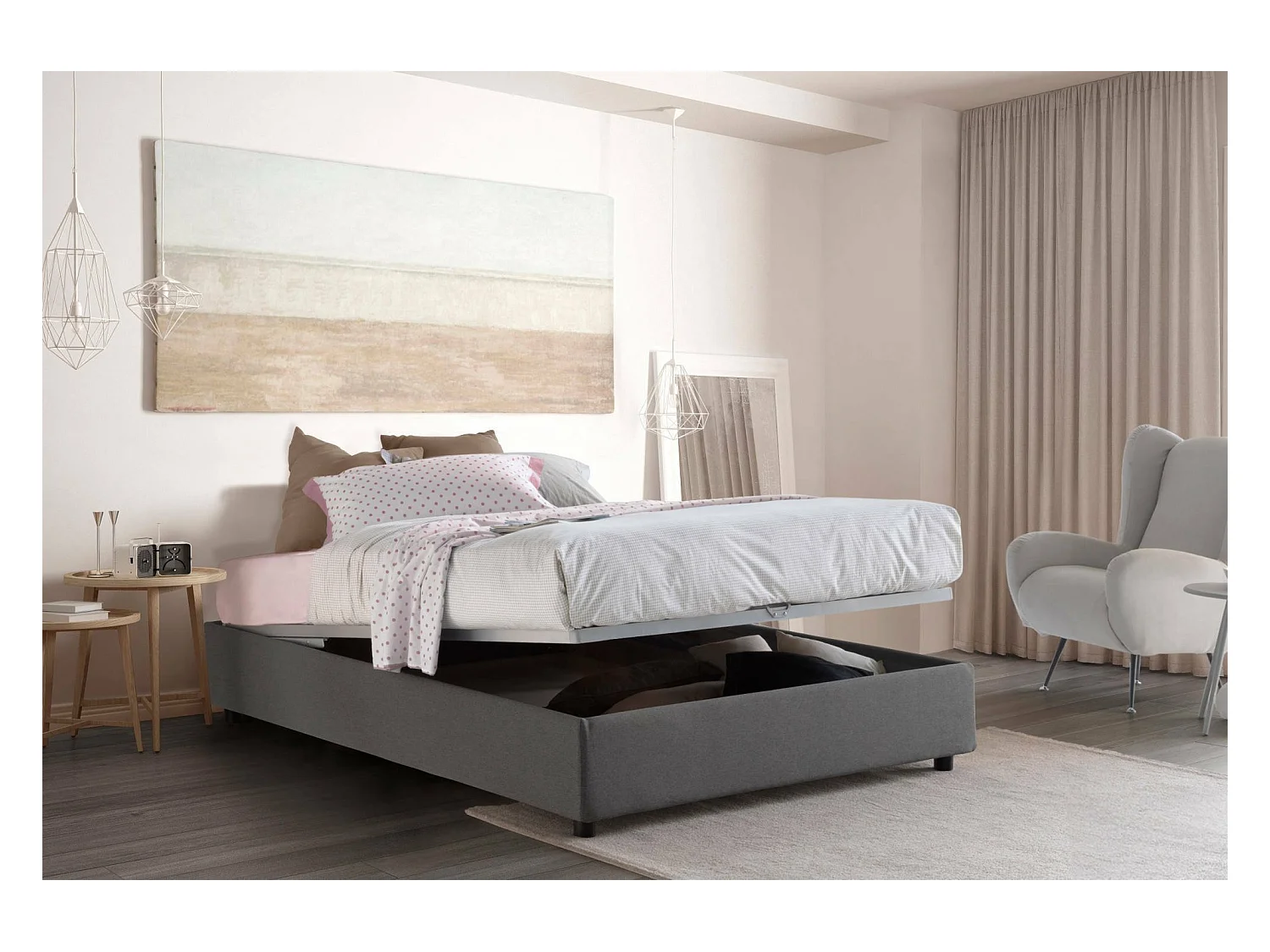 Lit double Dcistan, Lit coffre avec revêtement en tissu, 100% Made in Italy, Ouverture frontale, adapté pour matelas 160x190 cm, Gris