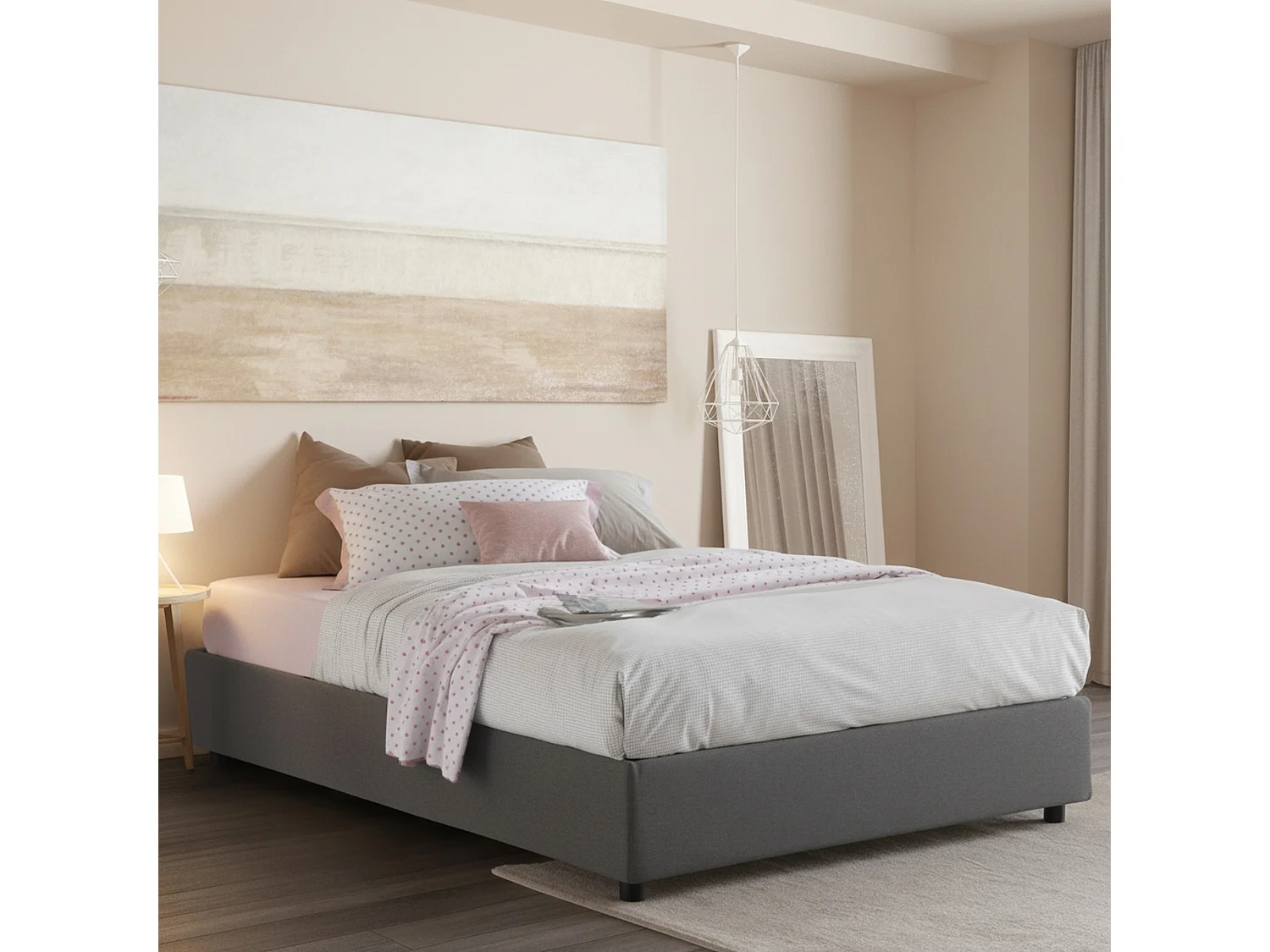Lit double Dcistan, Lit coffre avec revêtement en tissu, 100% Made in Italy, Ouverture frontale, adapté pour matelas 160x190 cm, Gris