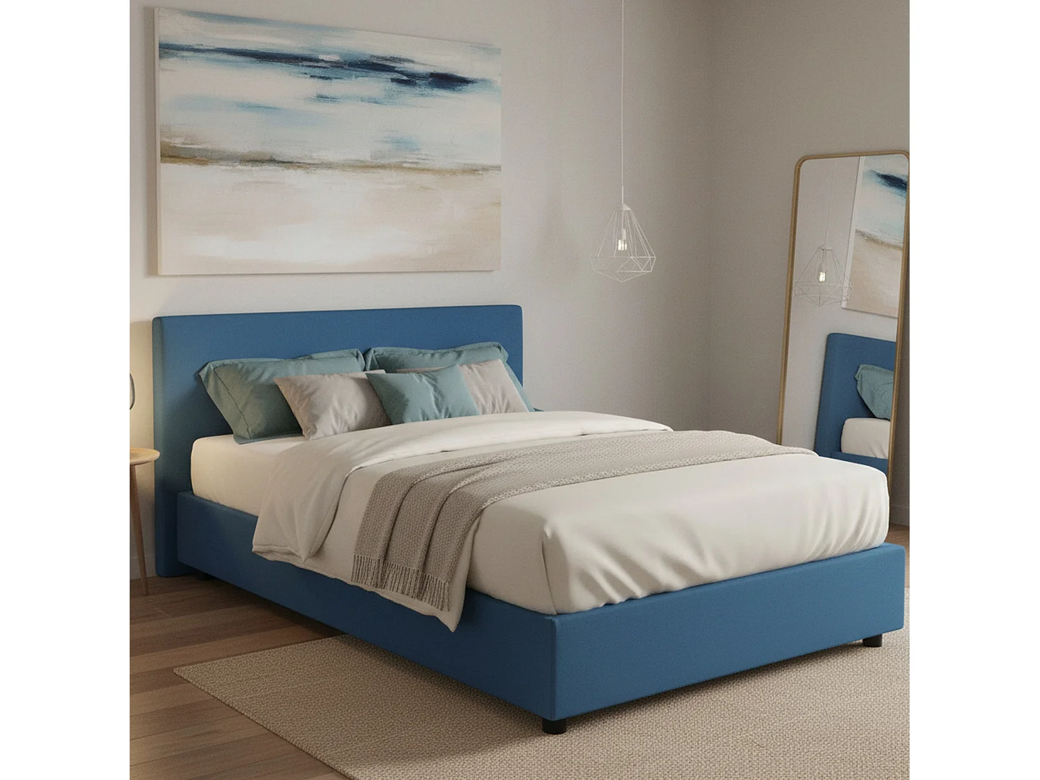 Lit double Dcistan, Lit coffre avec revêtement en tissu, 100% Made in Italy, Ouverture frontale, adapté pour matelas 160x190 cm, Bleu