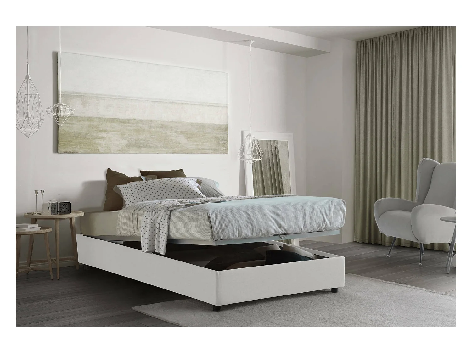 Cama de casal Dlammer, cama de arrumação com forro de tecido, 100% Fabricado em Itália, abertura frontal, adequada para colchão 120x190 cm, branco