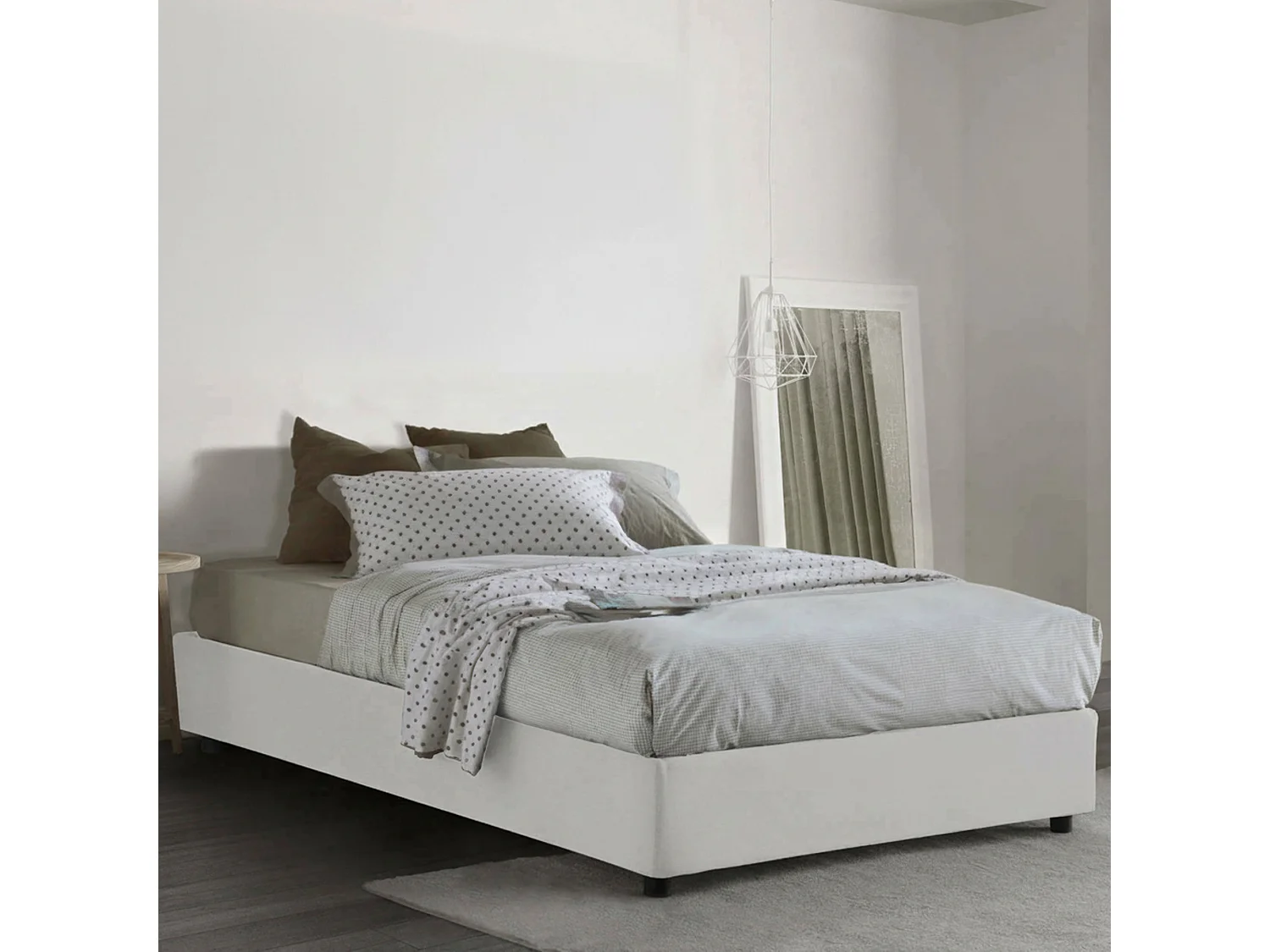 Lit double Dlammer, Lit coffre avec revêtement en tissu, 100% Made in Italy, Ouverture frontale, adapté pour matelas 120x190 cm, Blanc