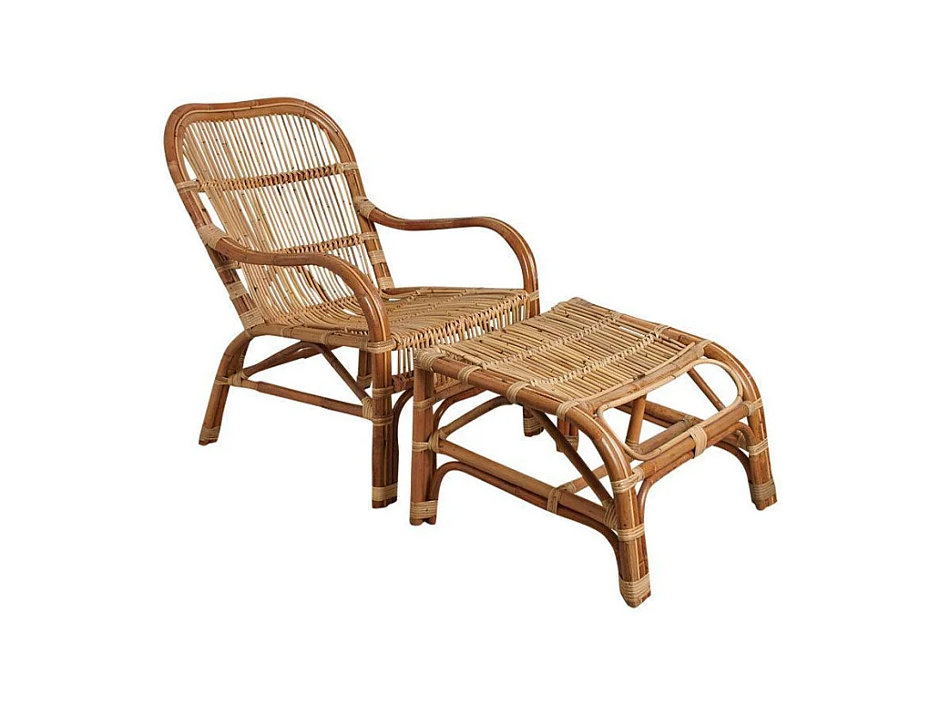 Fauteuil et repose pieds en rotin brut avec écorce
