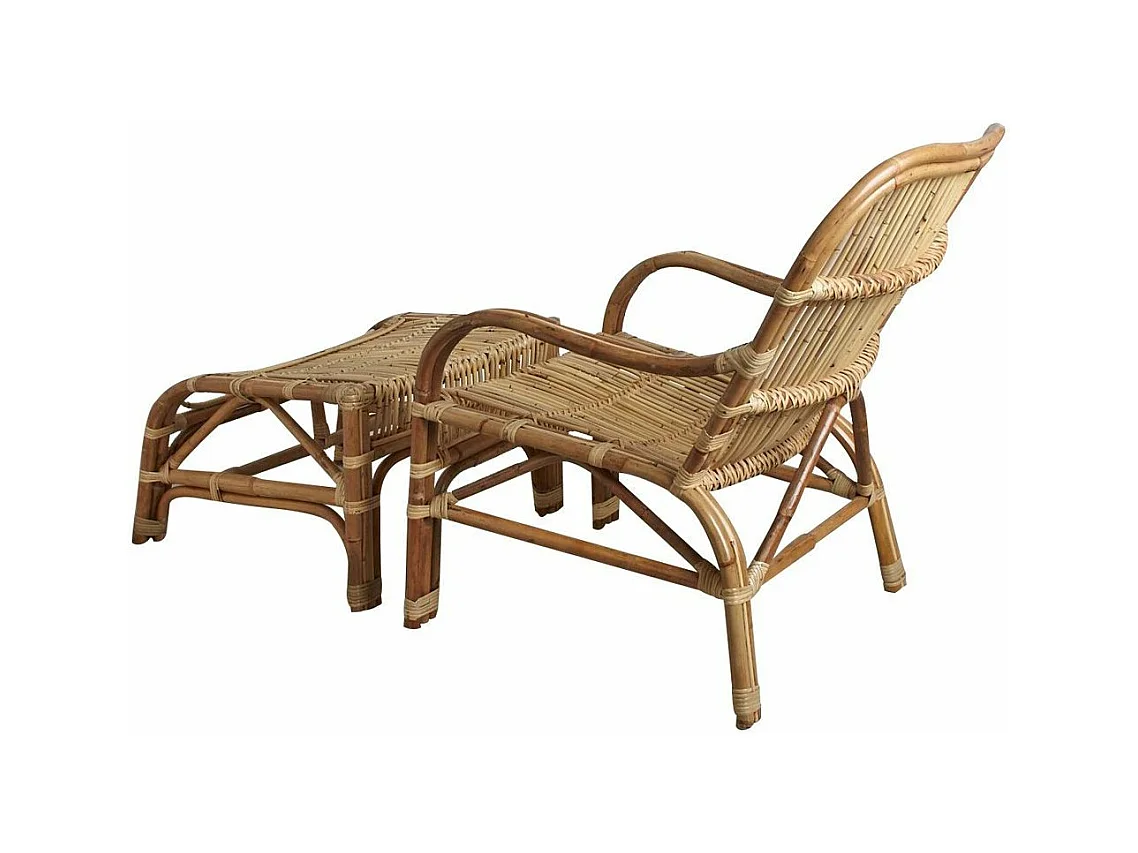 Fauteuil et repose pieds en rotin brut avec écorce