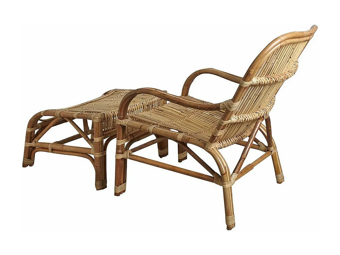 Fauteuil et repose pieds en rotin brut avec écorce