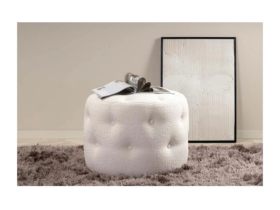 Pouf Capitonné Tissu Bouclette "Benjamin" 55cm Blanc