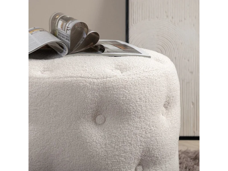 Pouf Capitonné Tissu Bouclette "Benjamin" 55cm Blanc