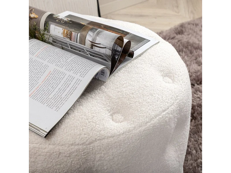 Pouf Capitonné Tissu Bouclette "Benjamin" 55cm Blanc