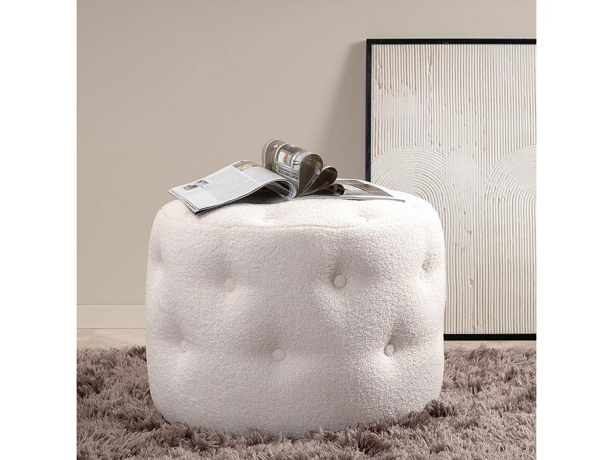 Pouf Capitonné Tissu Bouclette "Benjamin" 55cm Blanc