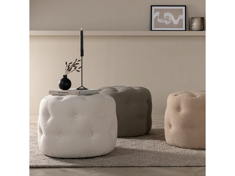 Pouf Capitonné Tissu Bouclette "Benjamin" 55cm Blanc