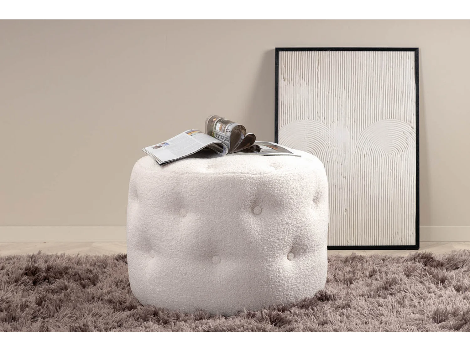 Benjamin pouf ,repose-pieds  Ø55cm ours en peluche blanc.