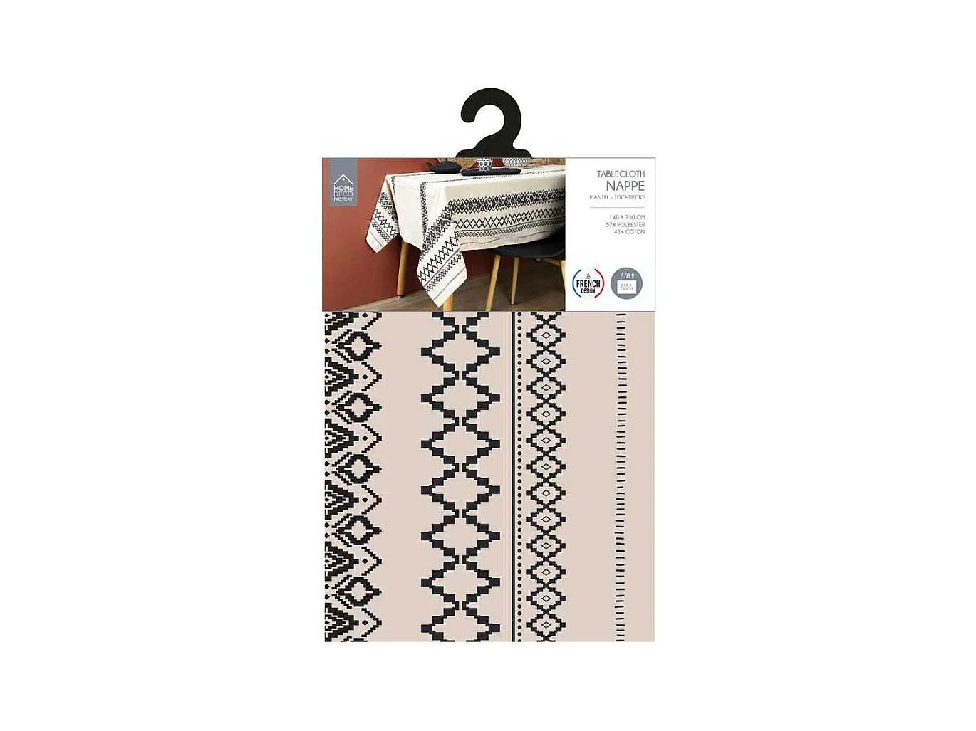 Nappe Coton Imprime Ethnique 140x250cm Noir, Beige