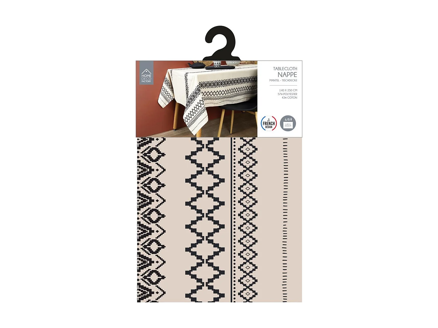 Nappe Coton Imprime Ethnique 140x250cm Noir, Beige