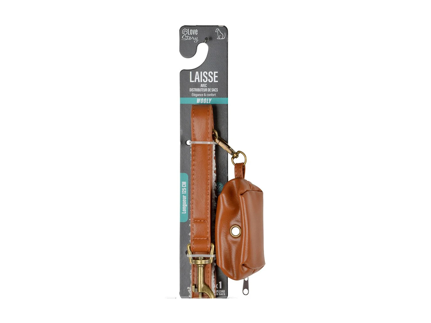 Laisse & Distributeur de Sacs Chien "Wooly" 125cm Cognac