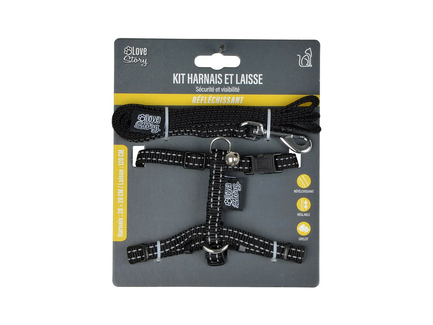 Harnais & Laisse pour Chat "Réfléchissant" 120cm Noir