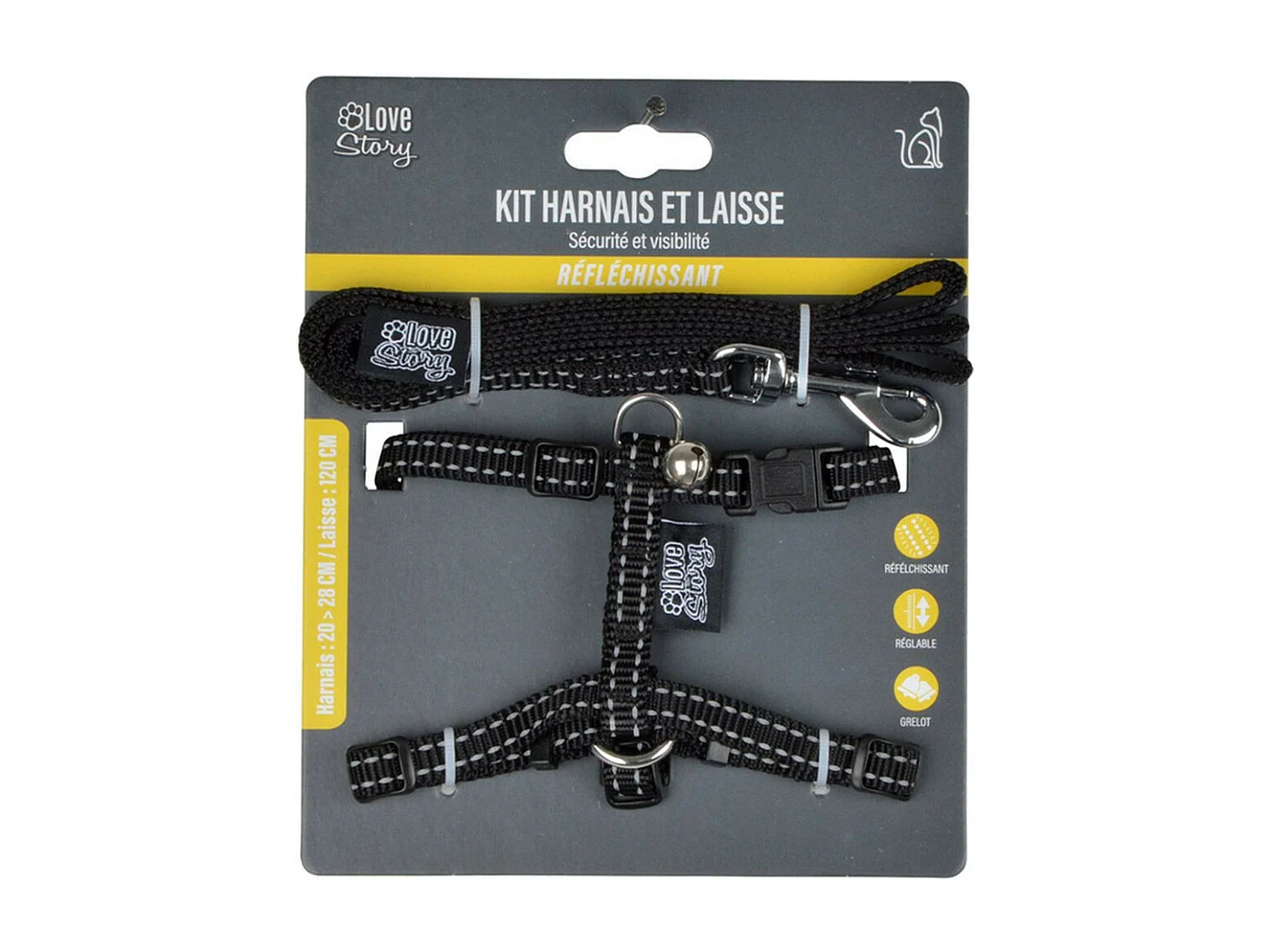 Harnais & Laisse pour Chat "Réfléchissant" 120cm Noir