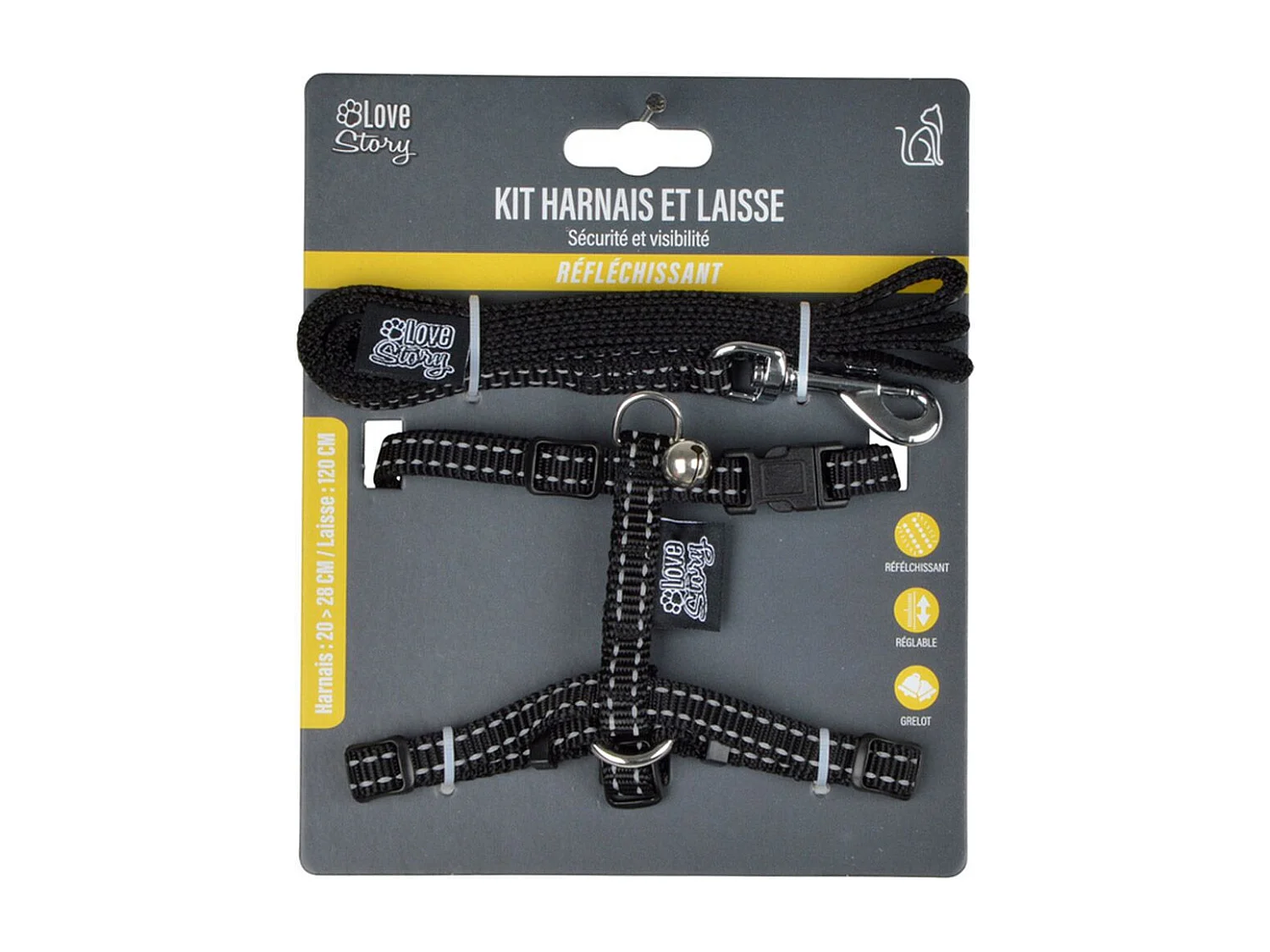 Harnais & Laisse pour Chat "Réfléchissant" 120cm Noir