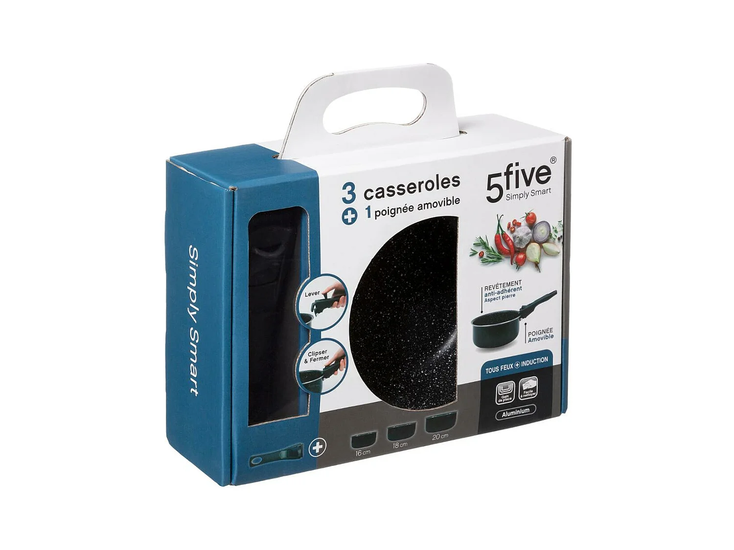 Lot de 3 Casseroles Poignée Amovible "Pierre" 20cm Noir