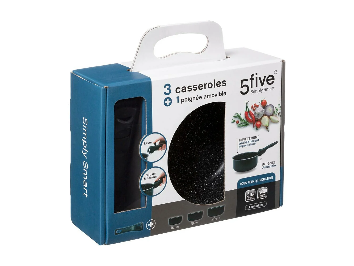 Lot de 3 Casseroles Poignée Amovible "Pierre" 20cm Noir