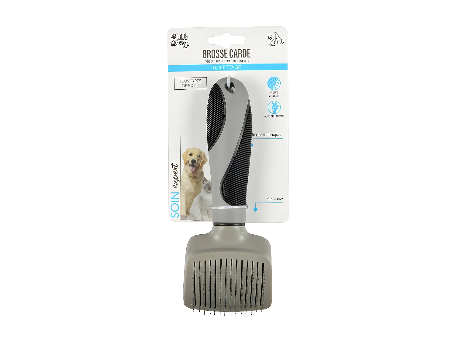 Brosse de Toilettage "Manche Ergonomique" 19cm Gris