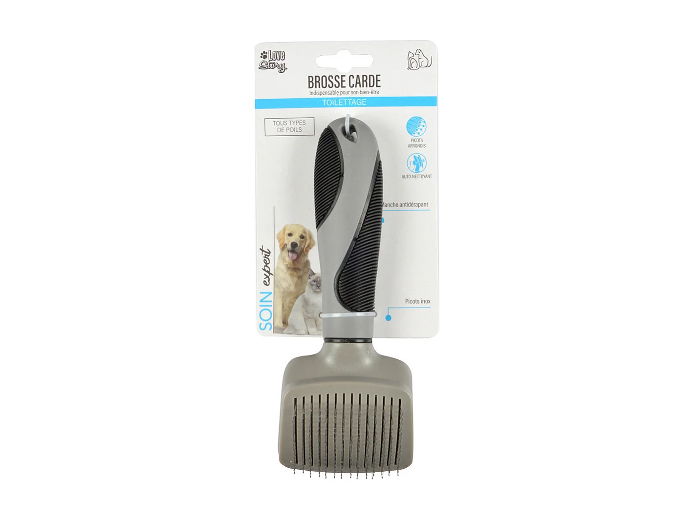 Brosse de Toilettage "Manche Ergonomique" 19cm Gris