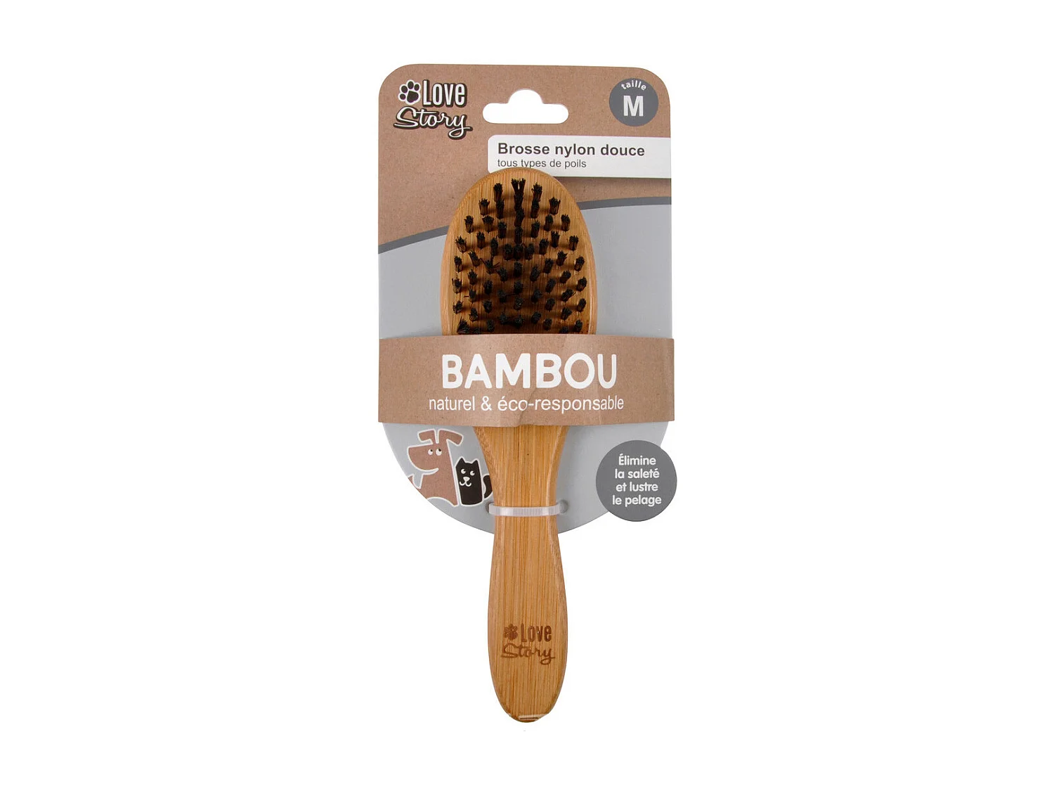 Brosse de Toilettage Bambou "Poils Doux" 22cm Naturel