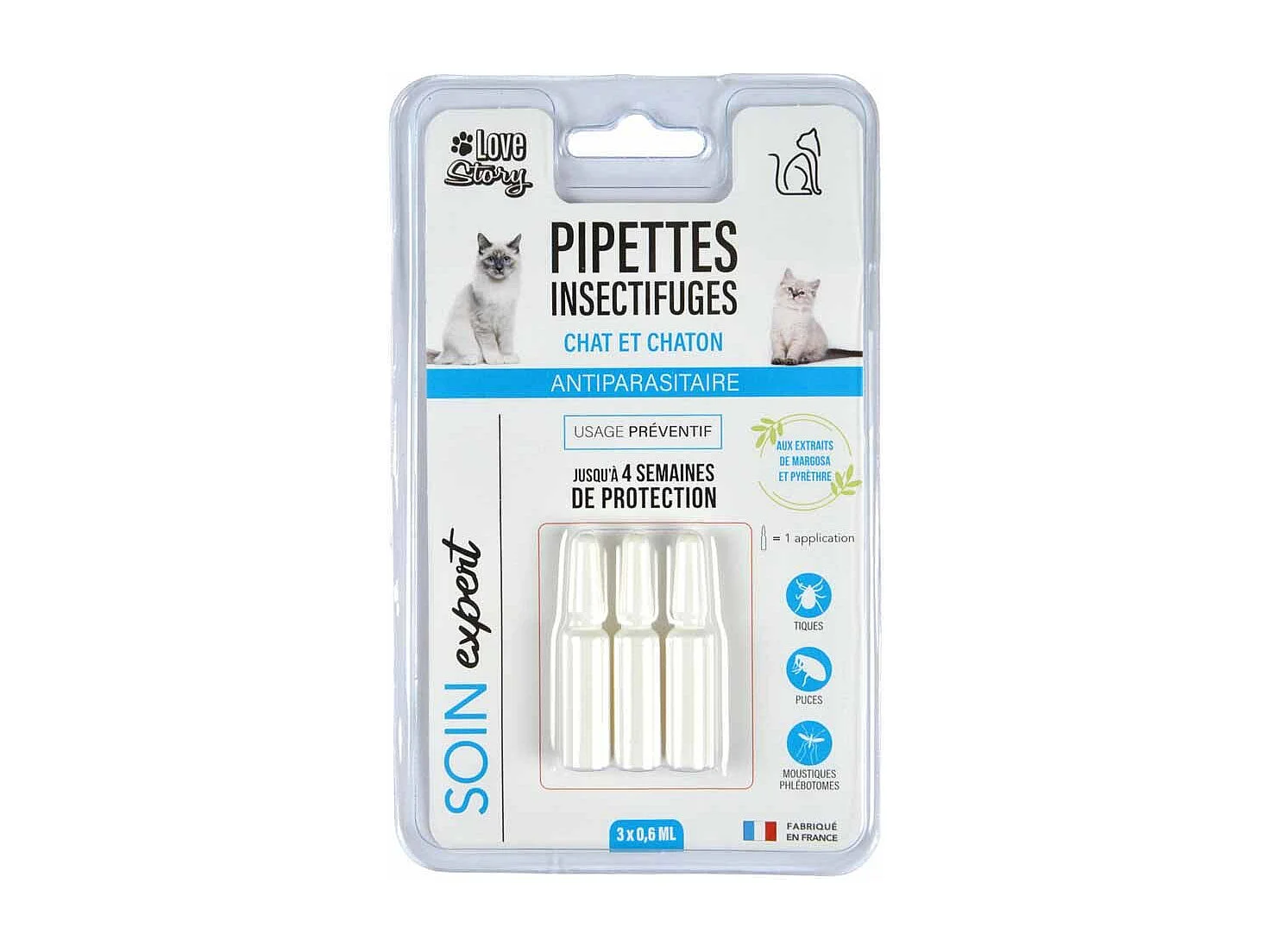 Lot de 3 Pipettes pour Chat "Soin Expert" 0,6ml Blanc