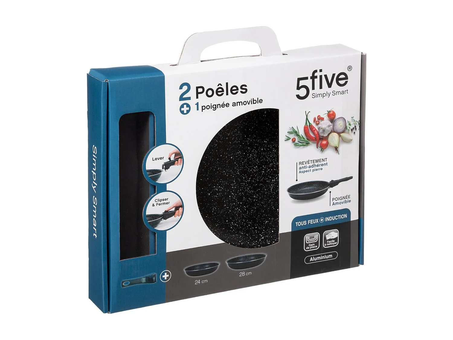 Lot de 2 Poêles & 1 Poignée Amovible "Pierre" 28cm Noir