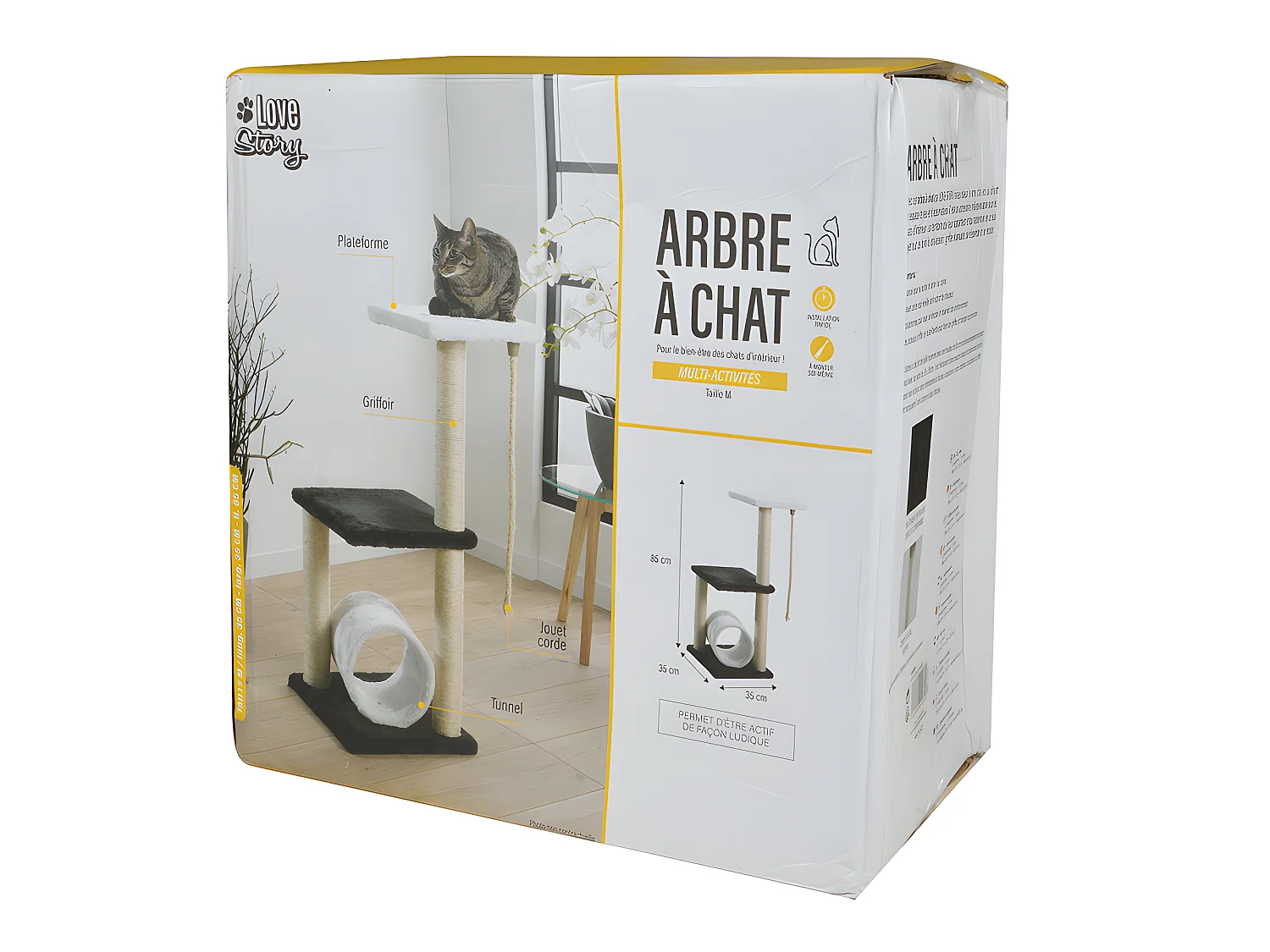 Arbre à Chat avec Tunnel "2 Plateformes" 85cm Blanc