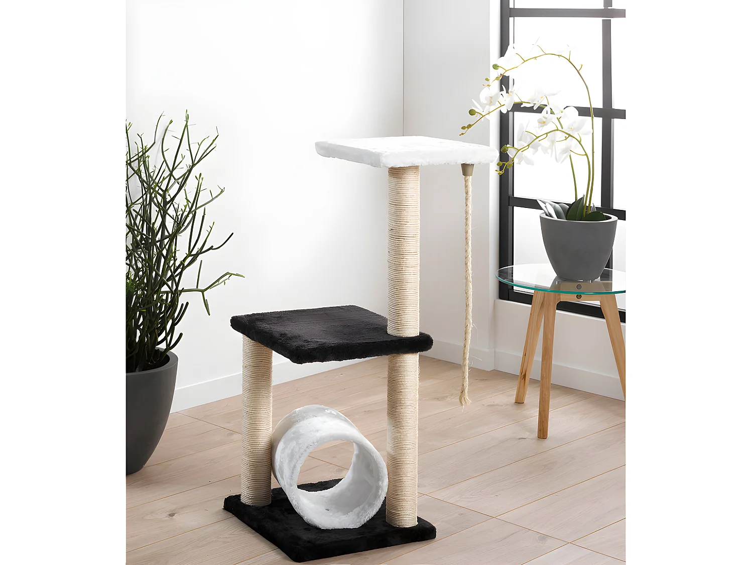 Arbre à Chat avec Tunnel "2 Plateformes" 85cm Blanc