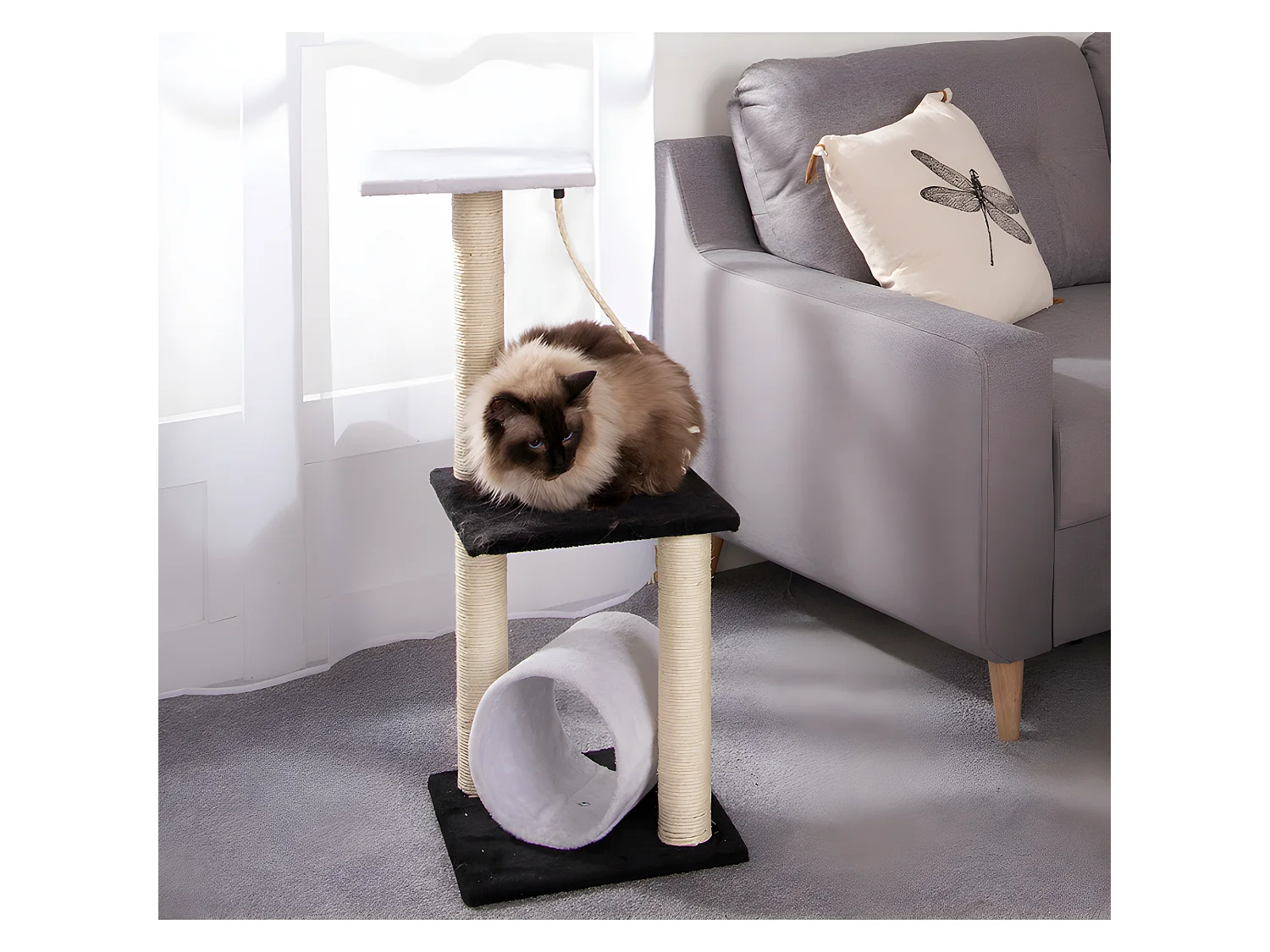 Arbre à Chat avec Tunnel "2 Plateformes" 85cm Blanc