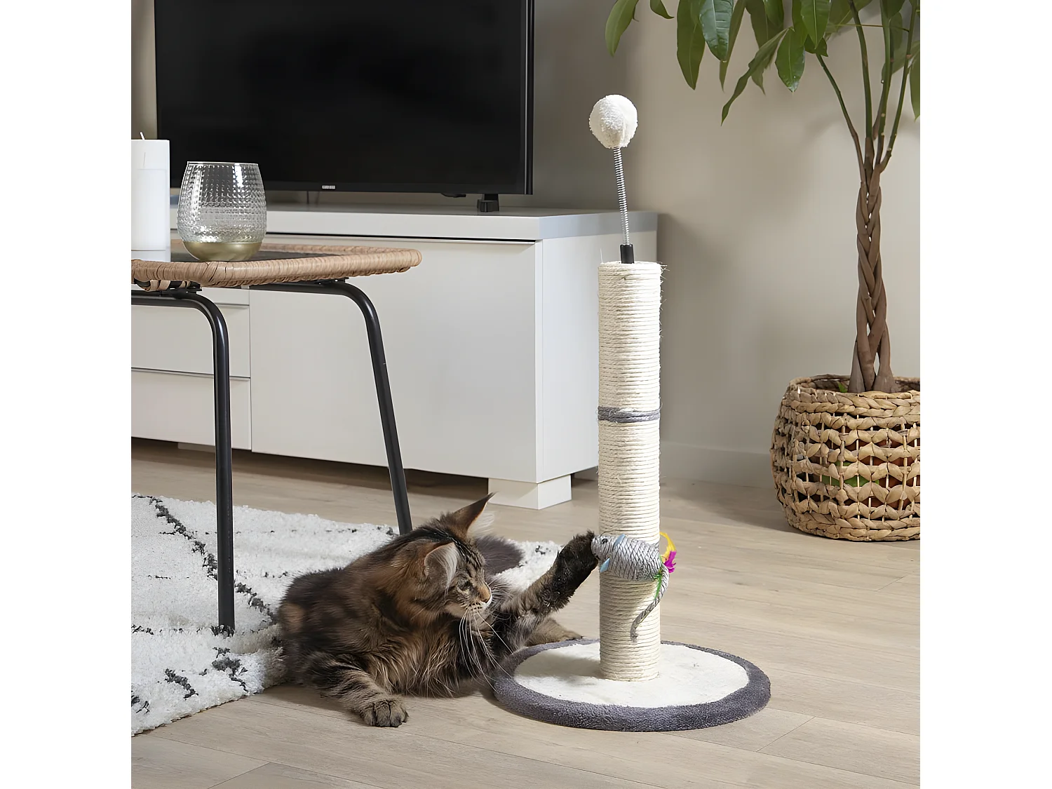 Arbre à Chat avec Jouets "Tronc" 46cm Gris & Écru