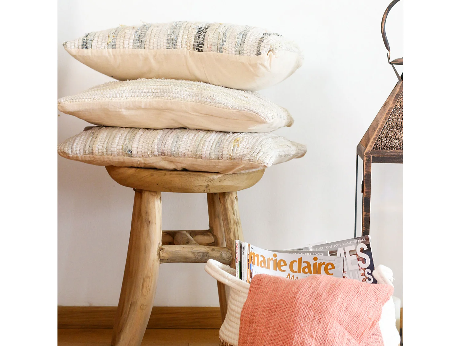 Coussin de Canapé Carré en Coton Denim Beige Déhoussable