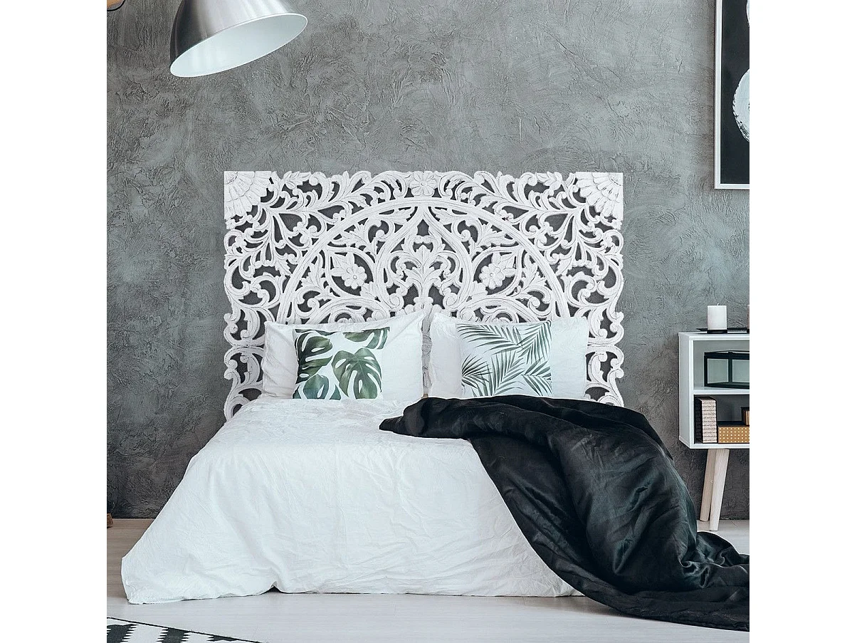 Kopfteil aus Weißem Holz "Grisy" 160cm Provenzalischer Stil Blumendesign - Ohne Aufbewahrung oder LEDs