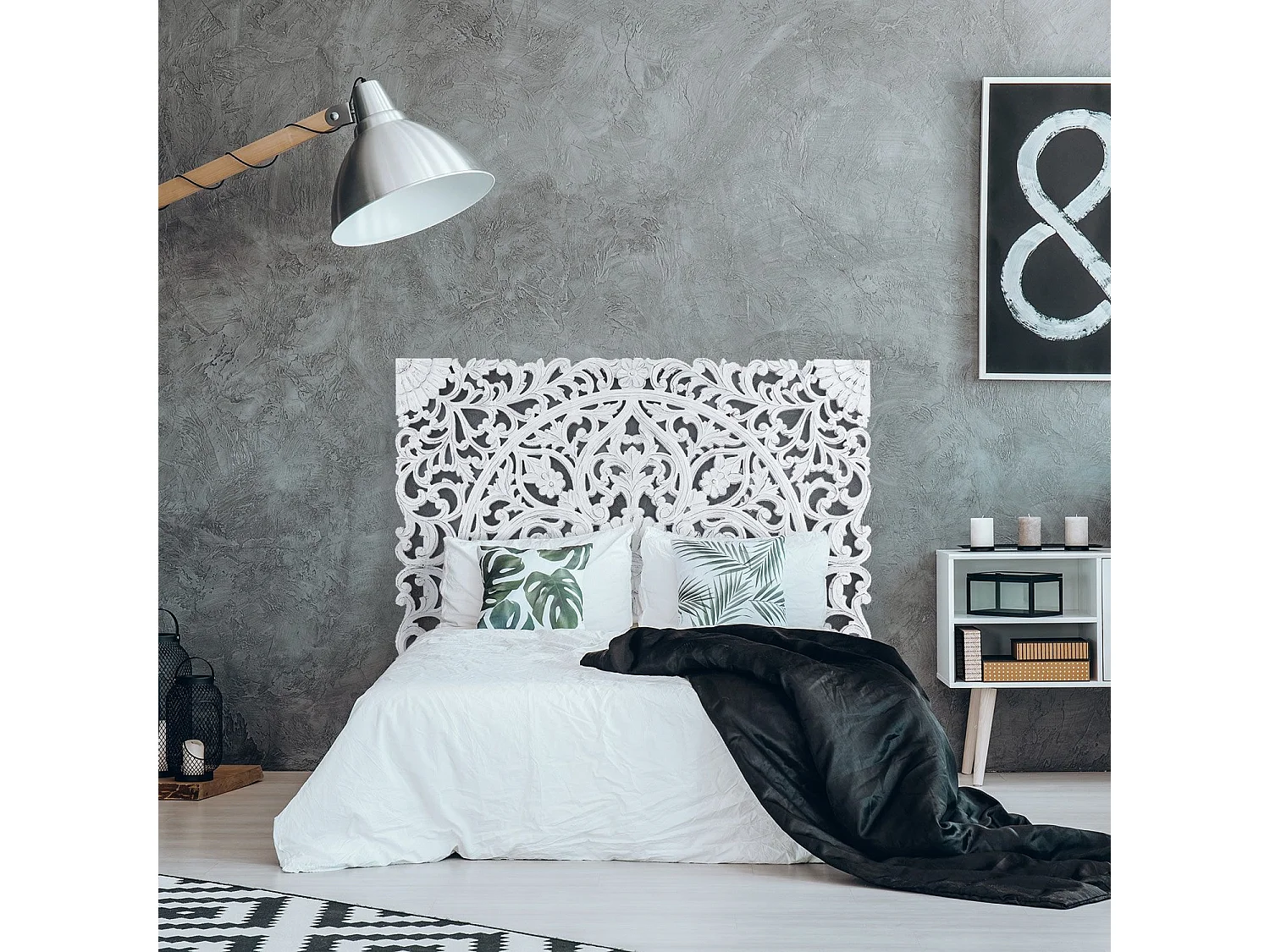 Kopfteil aus Weißem Holz "Grisy" 160cm Provenzalischer Stil Blumendesign - Ohne Aufbewahrung oder LEDs