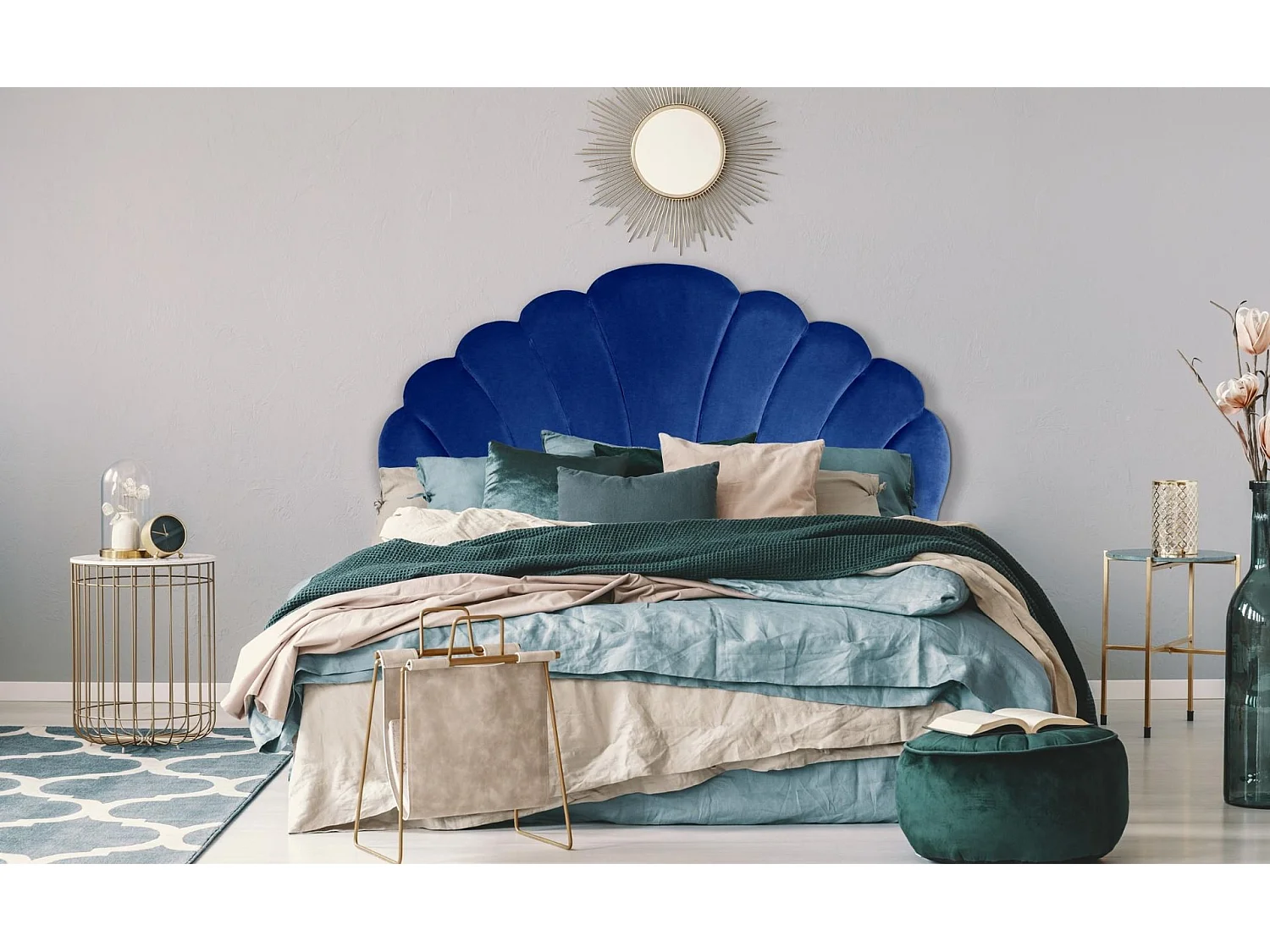 Kopfteil Samt Blau Mermaid 160cm Muschel Design