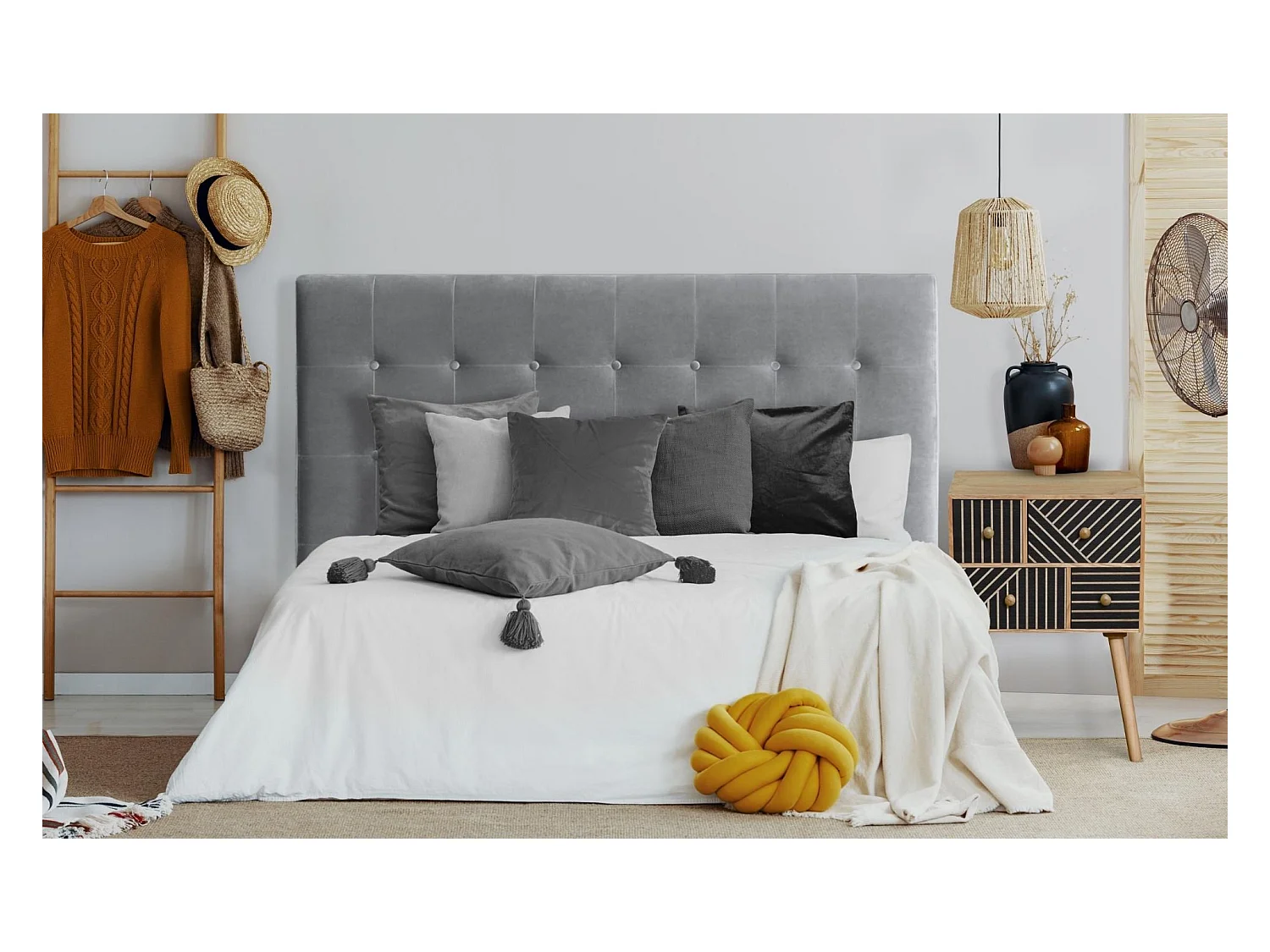 Tête de Lit Capitonnée en Velours "Amor" 180cm Argent