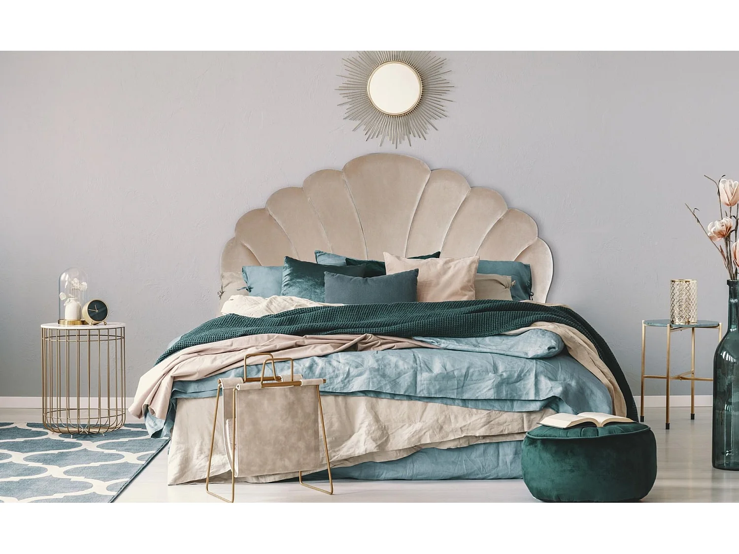 Samt Kopfteil "Shelly" 160cm Taupe Muschel Design