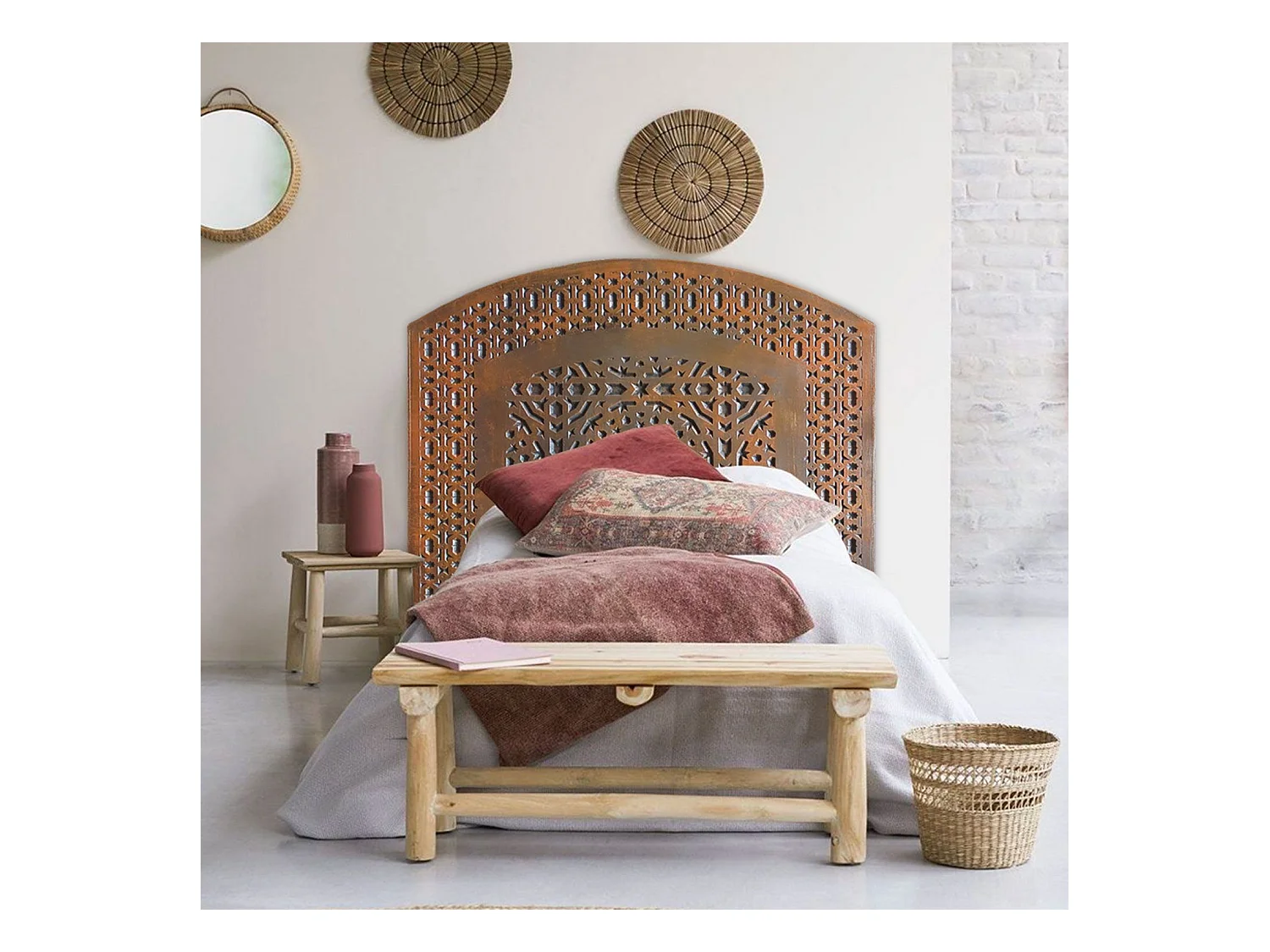 Tête de Lit Orientale en Bois "Sculpté" 124cm Cuivre Rouge