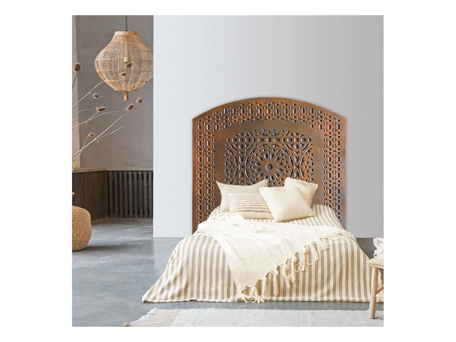 Tête de Lit Orientale en Bois "Sculpté" 124cm Cuivre Rouge