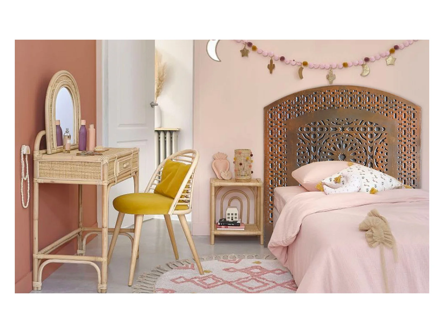 Tête de Lit Orientale en Bois "Sculpté" 124cm Cuivre Rouge