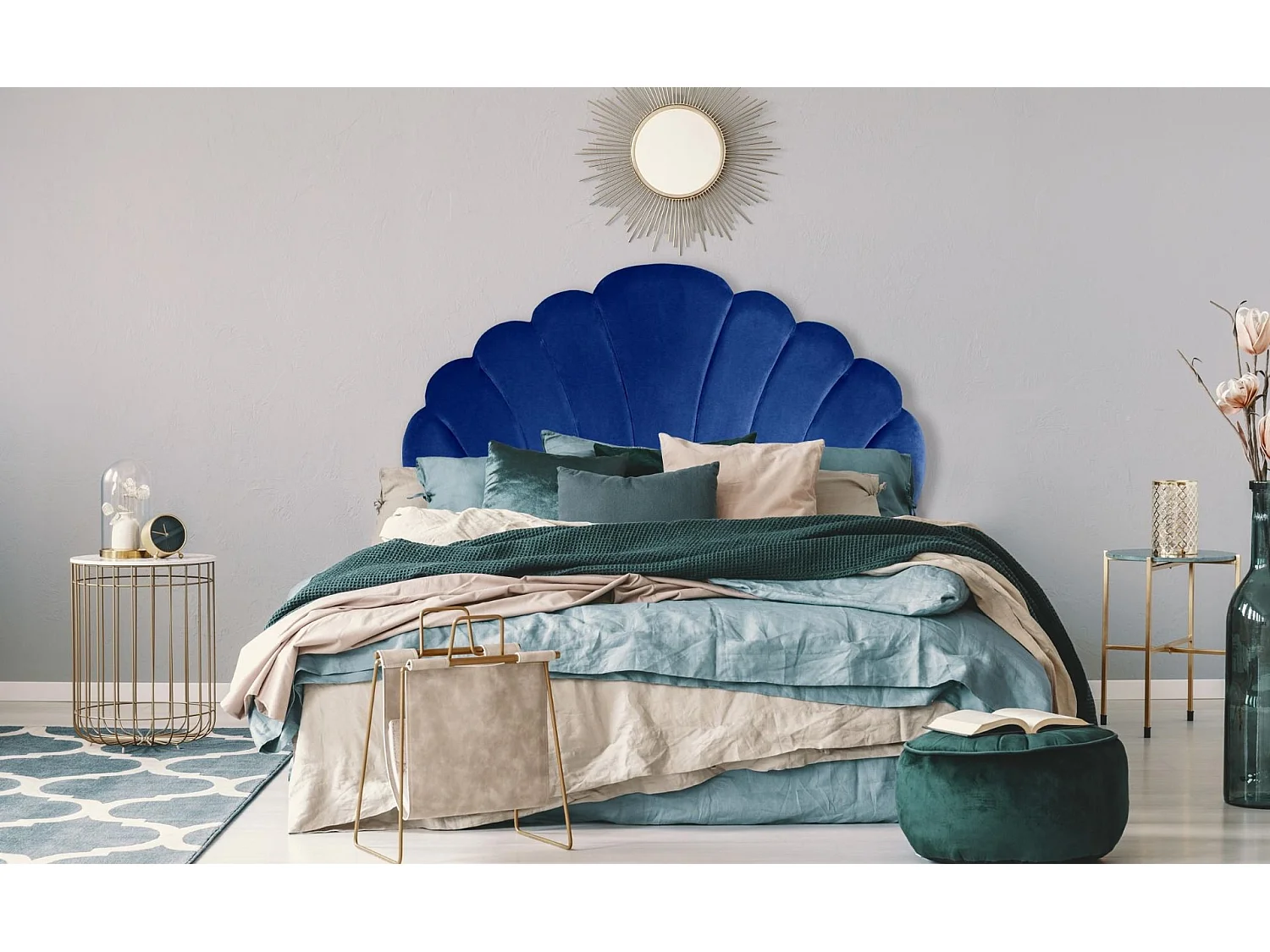 Tête de Lit en Velours "Shelly" 140cm Bleu