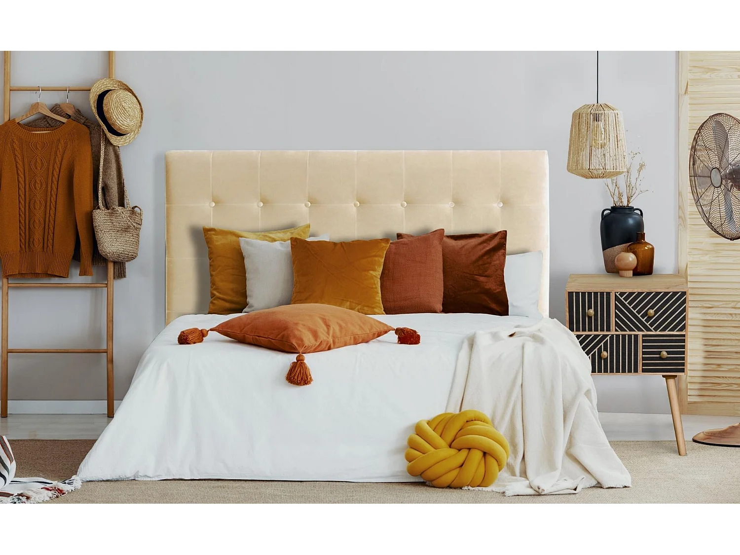 Tête de Lit Capitonnée en Velours "Amor" 160cm Beige