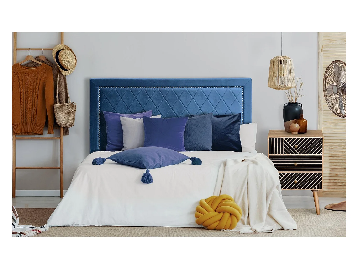 Tête de Lit Design en Velours "Sofia" 140cm Bleu