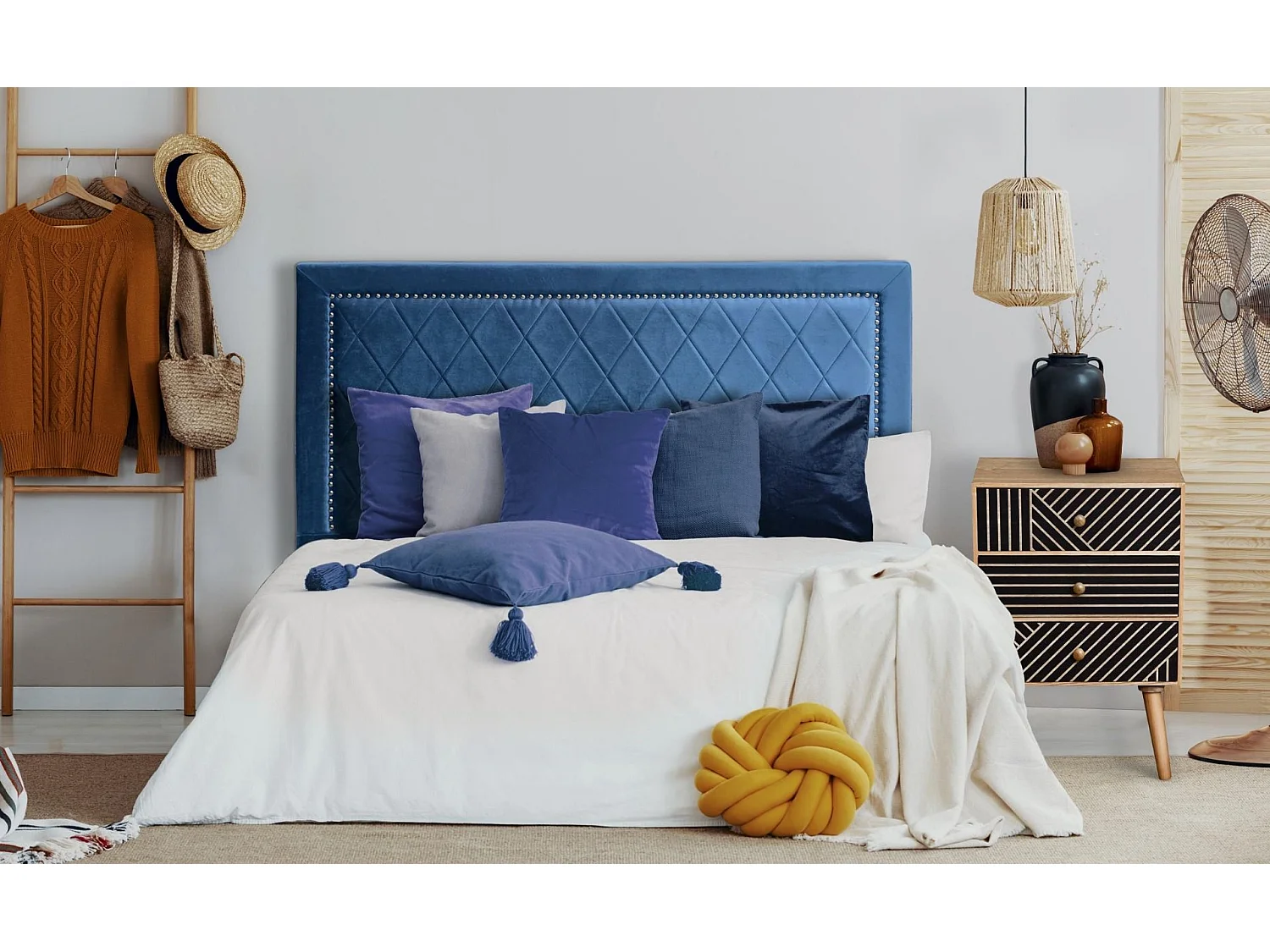 Tête de Lit Design en Velours "Sofia" 140cm Bleu