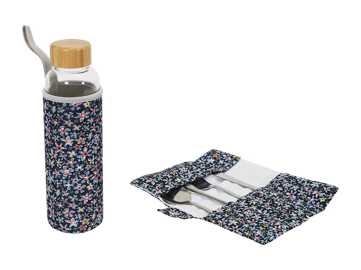 Coffret Bouteille En Verre 50cl Et Couverts Bleu, Rose