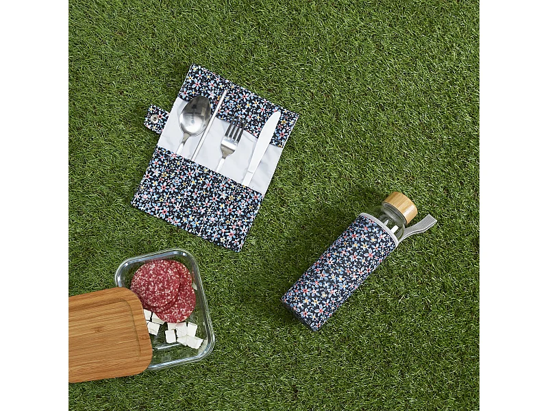 Coffret Bouteille En Verre 50cl Et Couverts Bleu, Rose