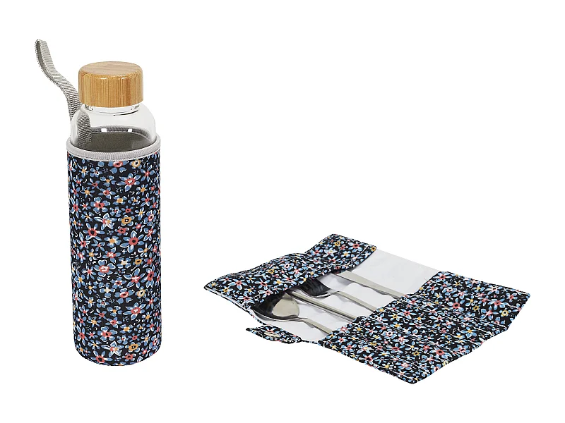 Coffret Bouteille En Verre 50cl Et Couverts Bleu, Rose