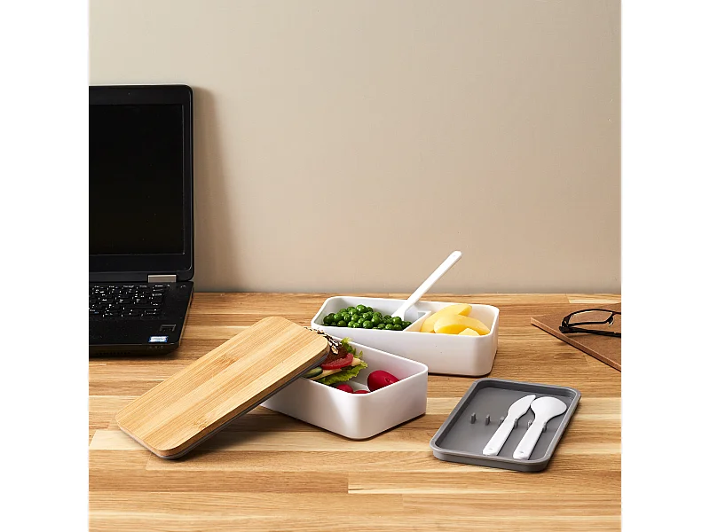 Lunch Box 2 Niveaux Avec Bande Elastique Marron, Blanc, Gris