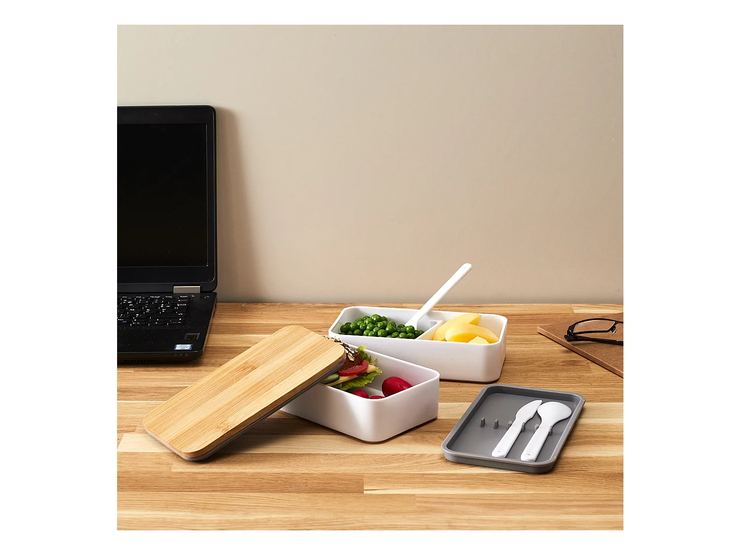 Lunch Box 2 Niveaux Avec Bande Elastique Marron, Blanc, Gris