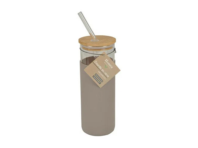 Gourde & Paille en Verre "Silicone" 0,5L Taupe